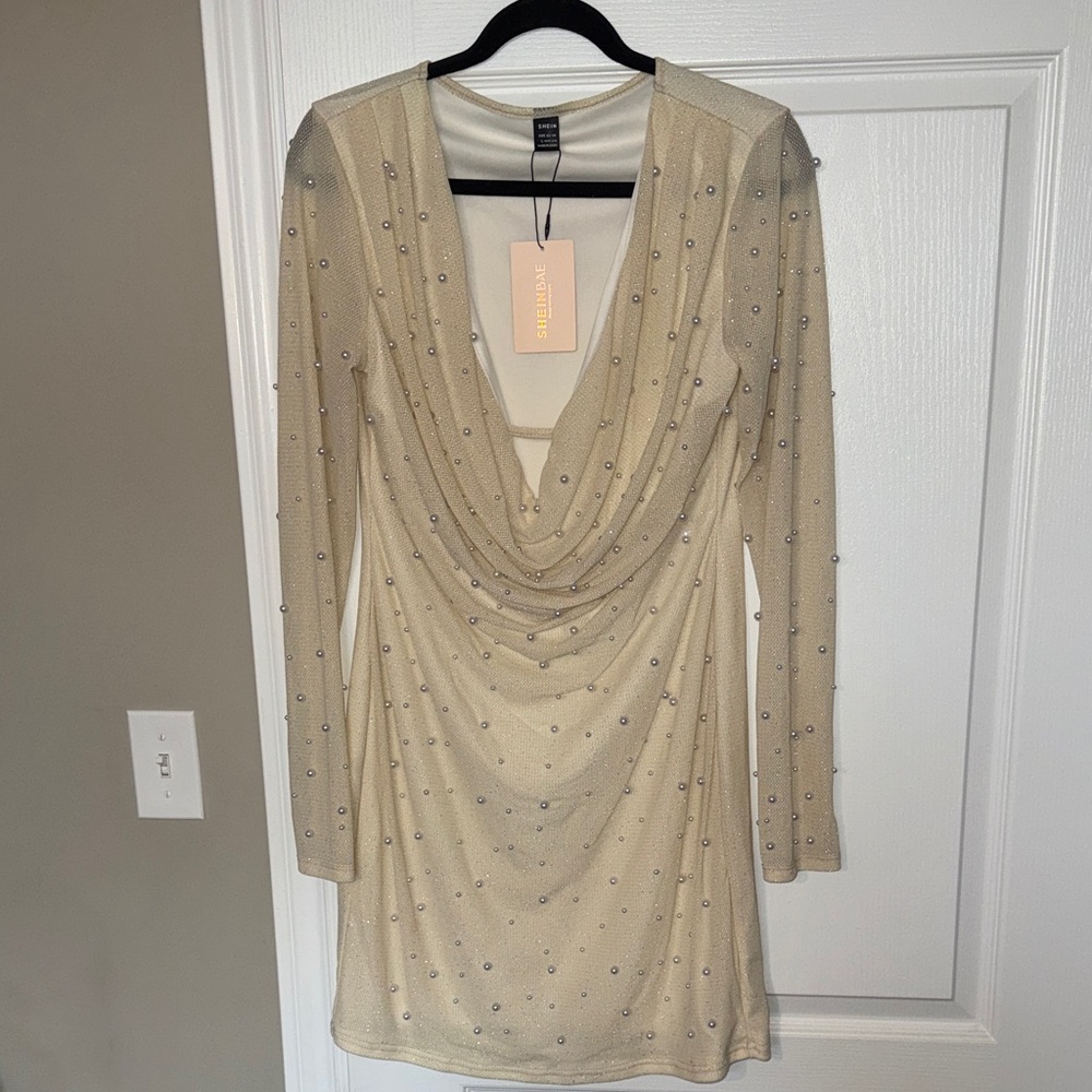 SHEIN Beaded Draped Long Sleeve Mini Dress - Cream